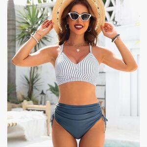 Nautical Striped Bikini Set with Navy High-Waisted Bottoms